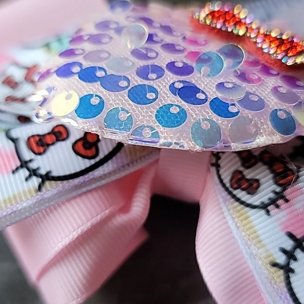 Cat Custom Handmade HK Sequins Ribbon and Rhinestone Pink Bow Hair Clip